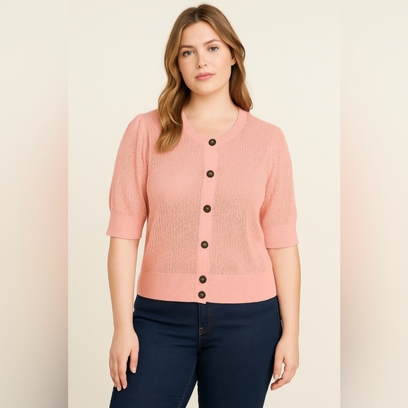 RW&CO Women’s Pink Short Sleeve Open Knit Button Cardigan - Size M - Picture 1 of 7
